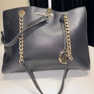 Michael Kors Black Saffiano Leather Chain Tote MK Shoulder Bag Gold Hardware